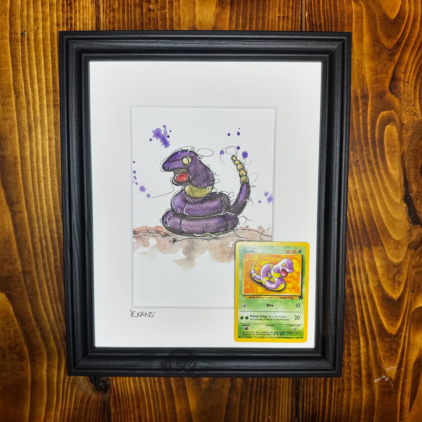 Ekans - Original Watercolour with 1995 Pokèmon Card