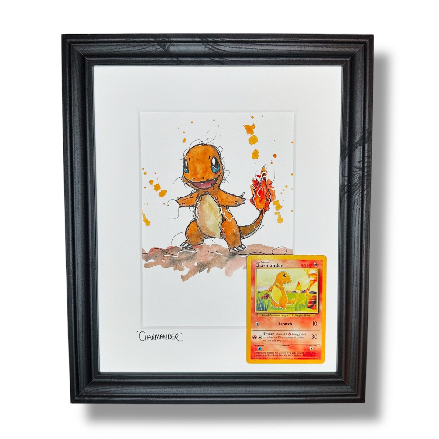 Charmander - Original Watercolour with 1995 Pokèmon Card