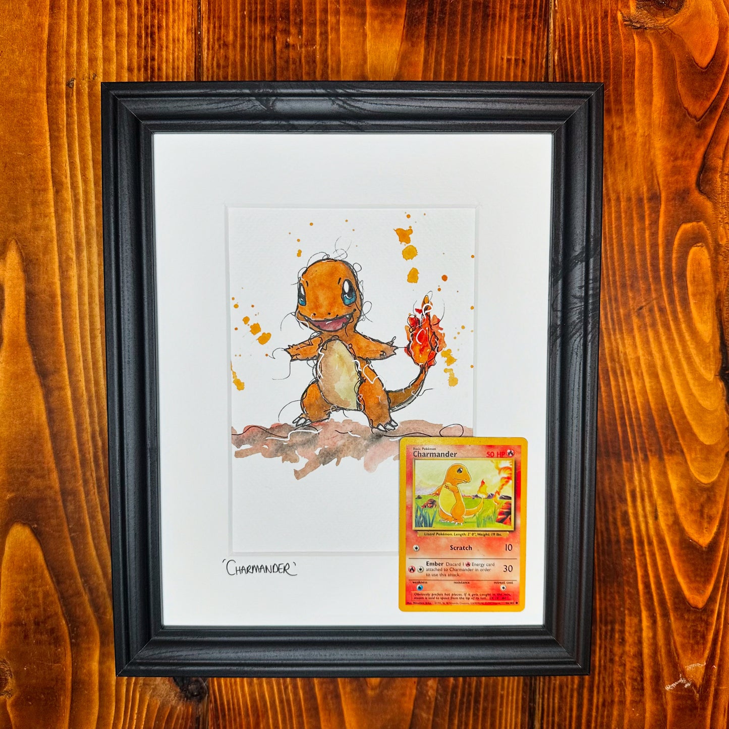 Charmander - Original Watercolour with 1995 Pokèmon Card