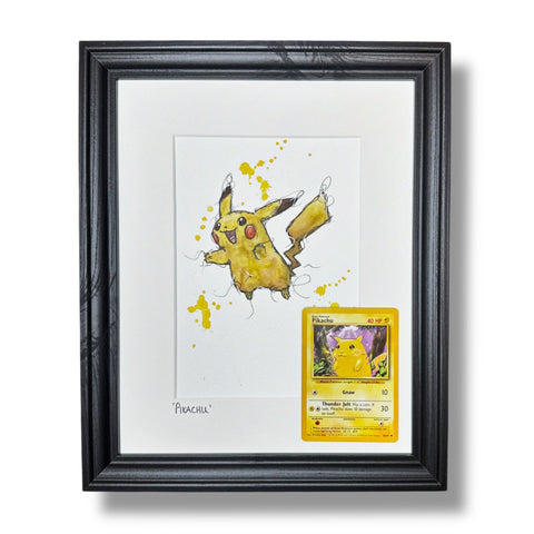 Pikachu - Original Watercolour with 1995 Pokèmon Card