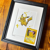 Pikachu - Original Watercolour with 1995 Pokèmon Card