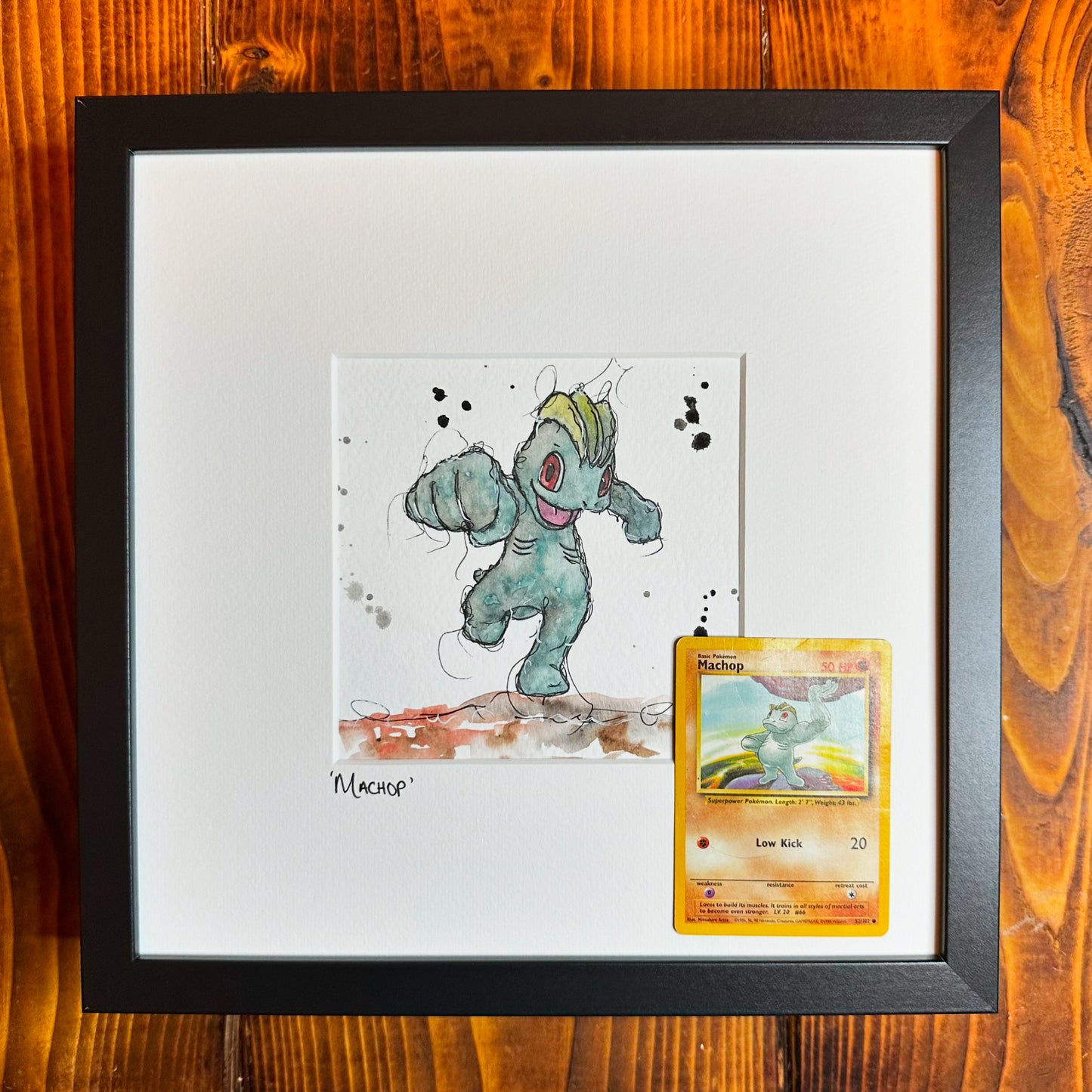 Machop - Original Watercolour with 1995 Pokèmon Card