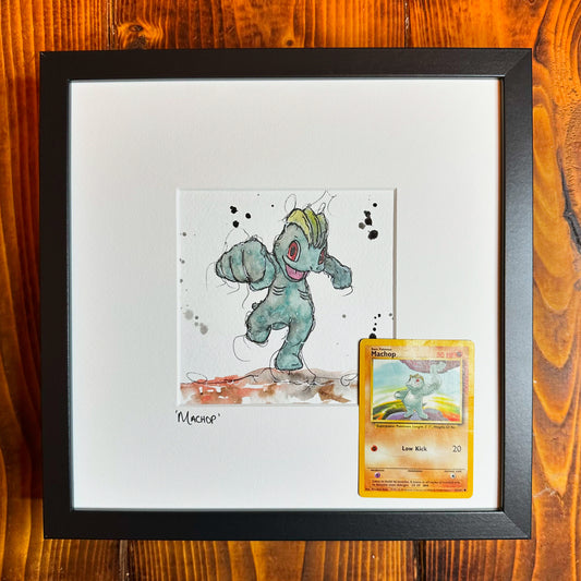 Machop - Original Watercolour with 1995 Pokèmon Card