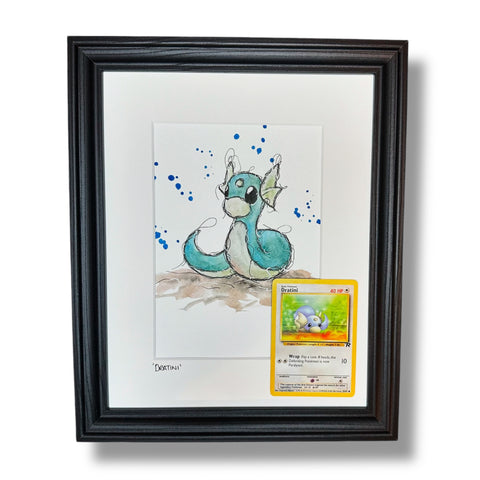 Dratini - Original Watercolour with 1995 Pokèmon Card