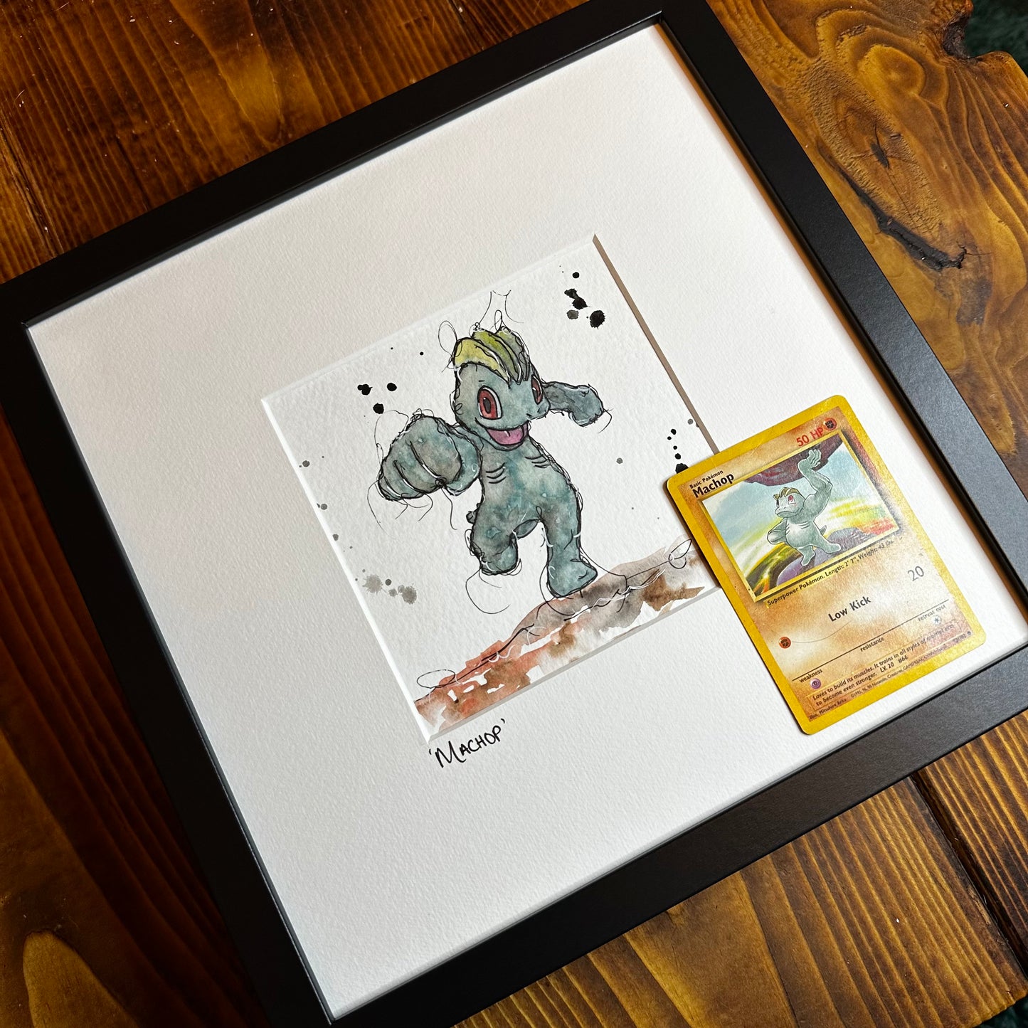 Machop - Original Watercolour with 1995 Pokèmon Card