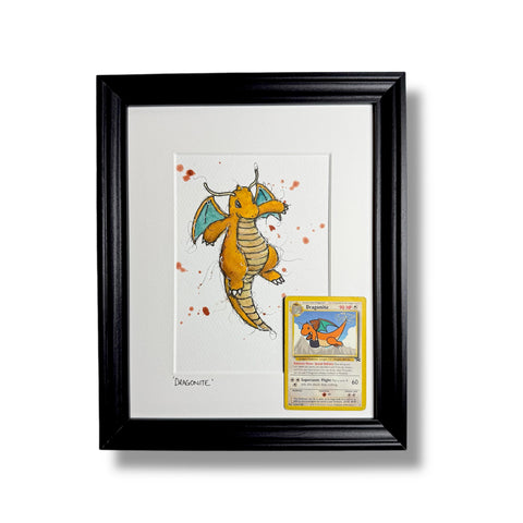 Dragonite - Original Watercolour with 1995 Pokèmon Card