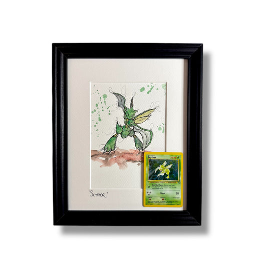 Scyther - Original Watercolour with 1995 Pokèmon Card